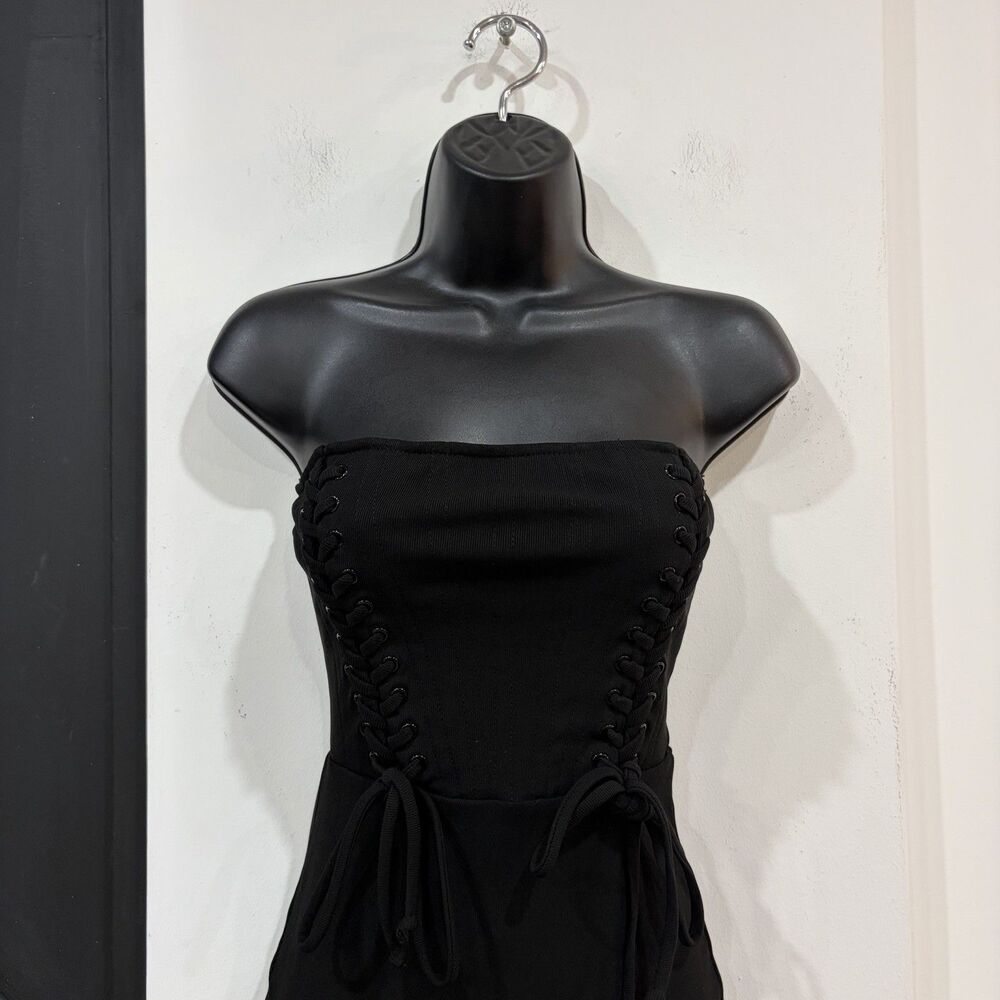 Strapless Black Corset Style Lace Up Bodycon Mini Dress Size Small - Picture 2 of 7